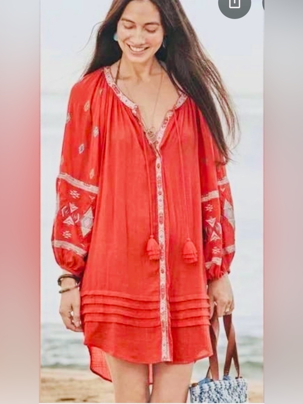 Sundance Orange Aztec  Embroidered Boho Dress with Tassels